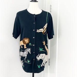 Bechamel Medium Black Animal Embroidered Button Down Short Sleeve Cardigan
